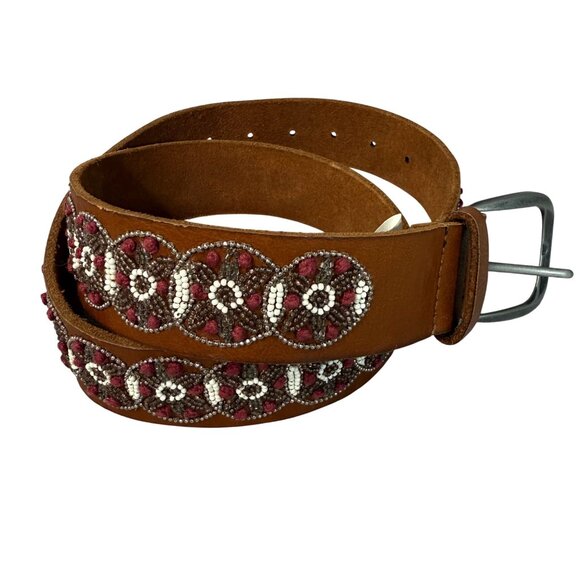 Lucky Brand Brown Leather Beaded Belt Silver-Tone Buckle & Floral Design Size S - Picture 1 of 16